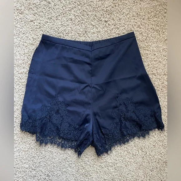Satin Silk Lace Trim Shorts High Waisted Midnight Blue Size Small NWOT - Picture 2 of 7
